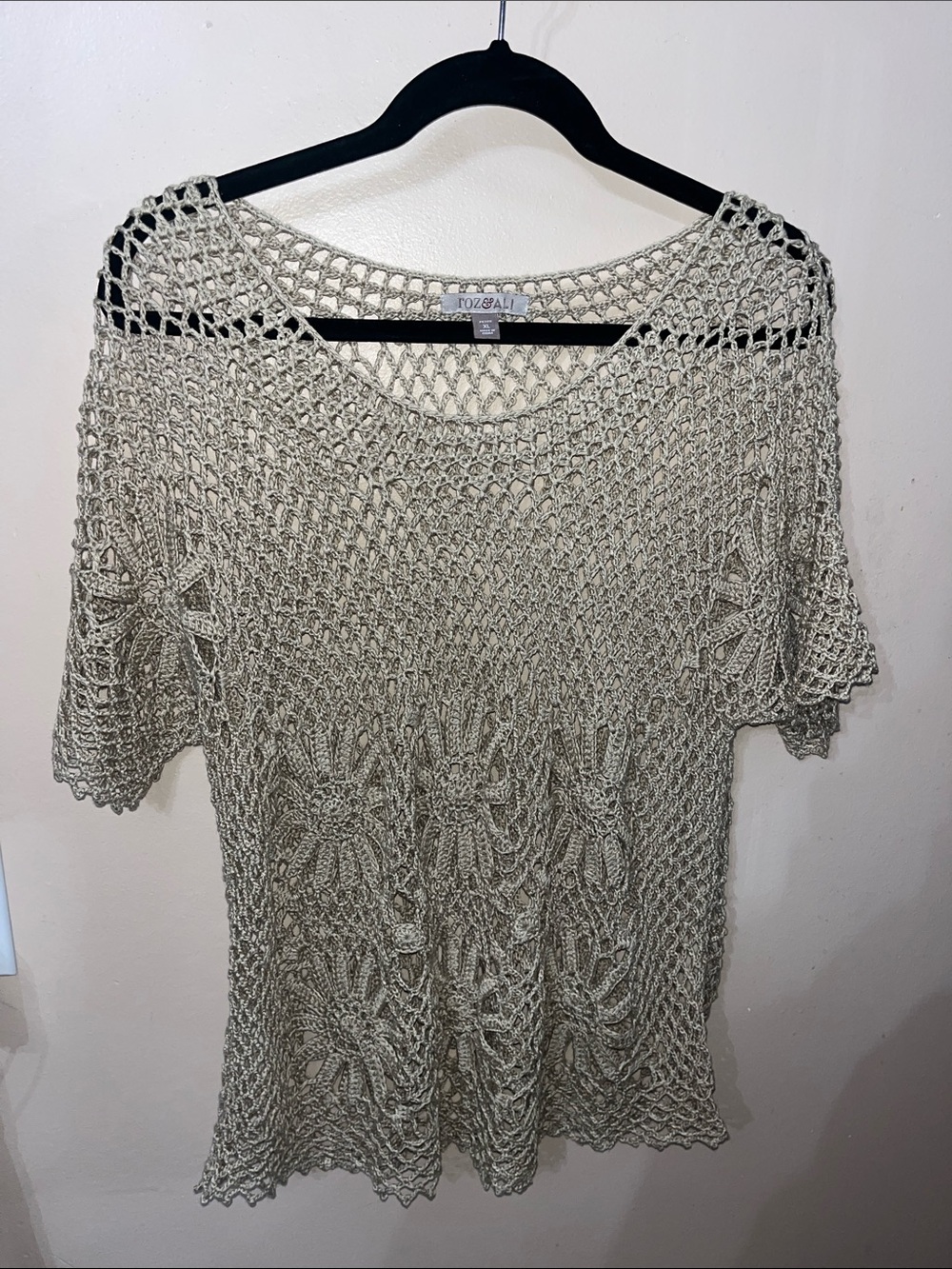 Roz & Ali Taupe Crochet Floral Short Sleeve Tunic — Size XL Petite
